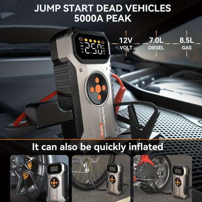 5000A Car Jump Starter with 150PSI Air Compressor – 12000mAh Portable Battery Booster Pack, Digital Tire Inflator, USB-C & USB-A, LED Emergency Light for 12V Gas & Diesel Engines