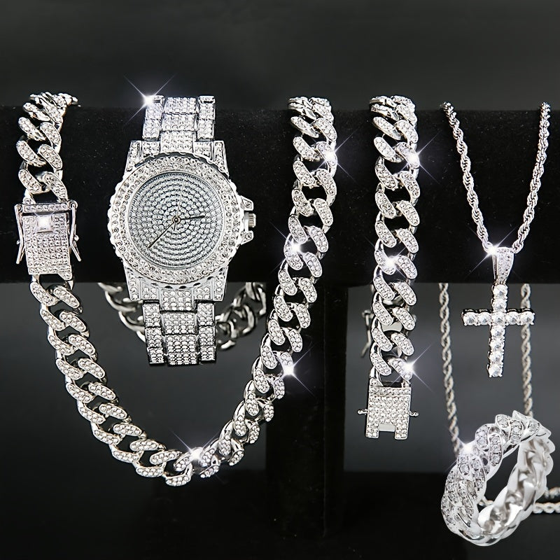 5-Piece Luxury Watch & Jewelry Set for Men & Women – Quartz Wristwatch, Cuban Link Necklace, Bracelet, Ring & Cross Pendant, Perfect Christmas Gift in Gold & Silver