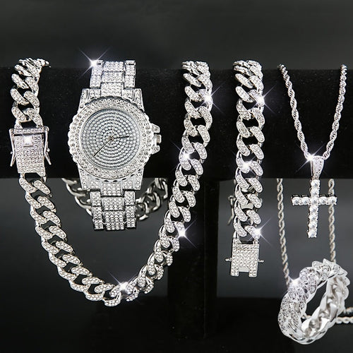 5-Piece Luxury Watch & Jewelry Set for Men & Women – Quartz Wristwatch, Cuban Link Necklace, Bracelet, Ring & Cross Pendant, Perfect Christmas Gift in Gold & Silver