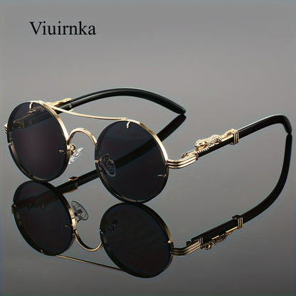 Round Metal Frame Sunglasses with Gradient PC Lenses Double Bridge Leopard Hinges Unisex Trendy Eyewear with Protection Case for Women and Men Vacation Street Style