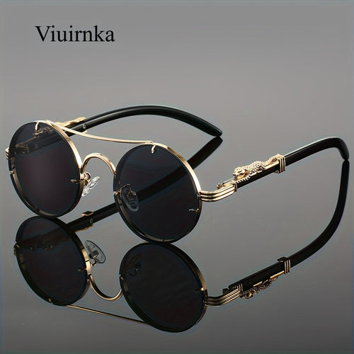 Round Metal Frame Sunglasses with Gradient PC Lenses Double Bridge Leopard Hinges Unisex Trendy Eyewear with Protection Case for Women and Men Vacation Street Style