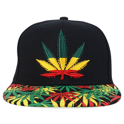 Rasta MJ Leaf 3D Embroidered Flat Bill Snapback Cap – Hip Hop Reggae Hat, Adjustable Snapback, One Size Fits Most, Unisex Streetwear Baseball Cap