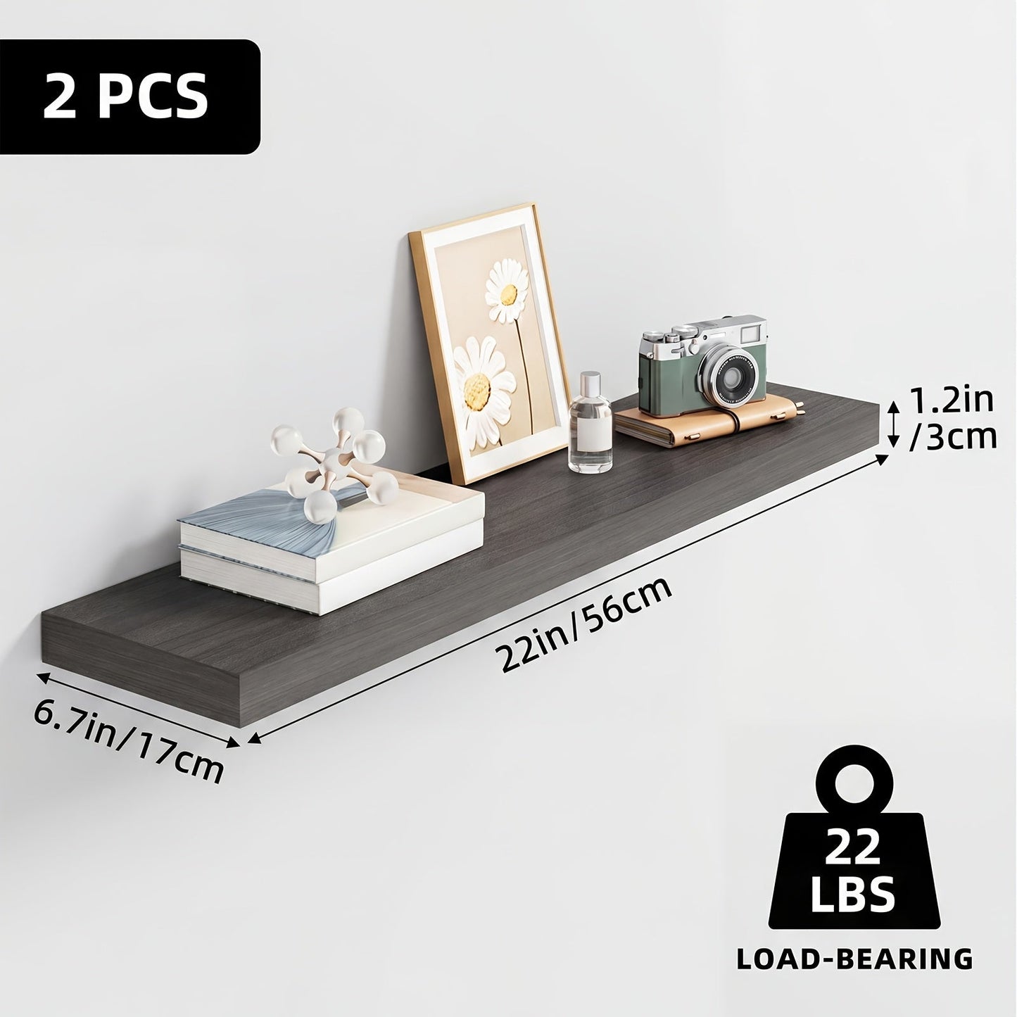 Floating Wall Shelves Wood 2/4/6 Pack 15.7 19.7 22 Inch Wall Mounted Shelves for Living Room Kitchen Bathroom Bedroom Holds 30 lbs Walnut Brown White Black Gray Home Decor Storage
