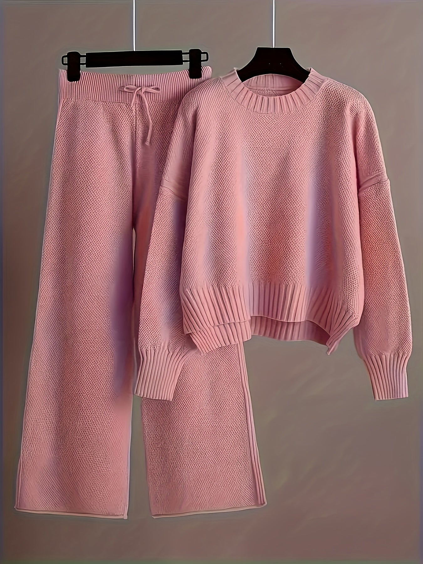 Women's Loose Knit Two-Piece Set – Round Neck Drop Shoulder Sweater & High Waist Wide Leg Drawstring Pants, Retro Casual Cozy Outfit, 10 Colors, Sizes S-XXL