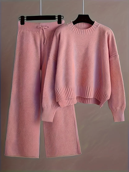 Women's Loose Knit Two-Piece Set – Round Neck Drop Shoulder Sweater & High Waist Wide Leg Drawstring Pants, Retro Casual Cozy Outfit, 10 Colors, Sizes S-XXL