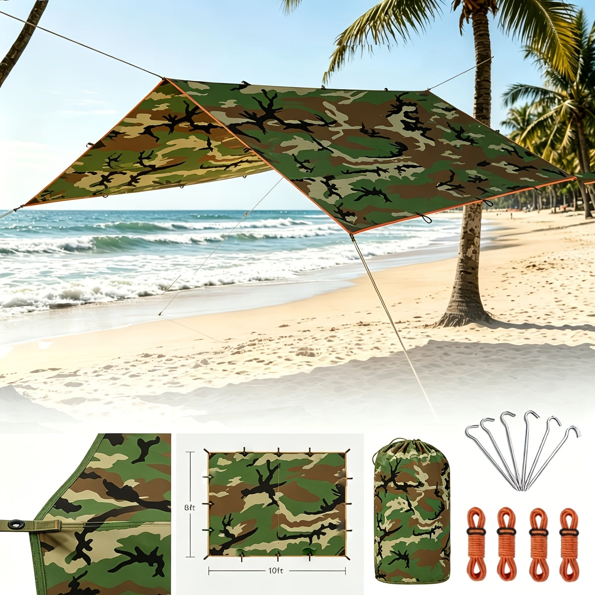 Outdoor Camping Tarp Canopy with UV Protection & Alloy Bracket – Portable Foldable 4-Person Shelter for Backpacking, Hiking, Garden & Outdoor Survival | All-Season Camping Awning