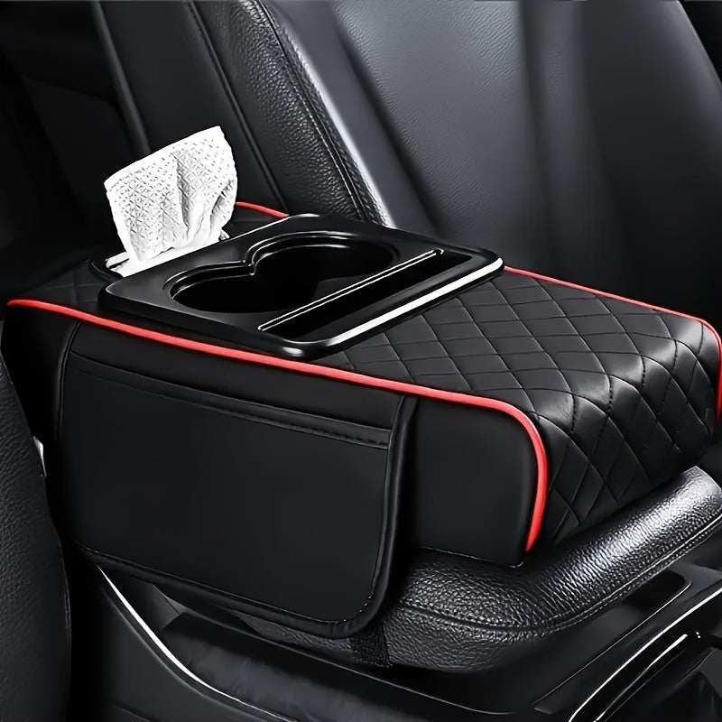 PU Leather Car Center Console Mat & Armrest Box Cover | Universal Fit, 2 Side Pockets, 2 Cup Holders, Phone & Card Storage, Tissue Box Replacement – Black, Grey, Red, Beige, Brown, Cream