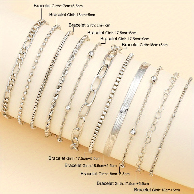 11 Pcs Women's Boho Silver Plated Twisted Snake Chain Bracelet Set – Stackable Layered Bracelets for Women, Minimalist Vacation & Daily Wear Jewelry, Perfect Gift Set