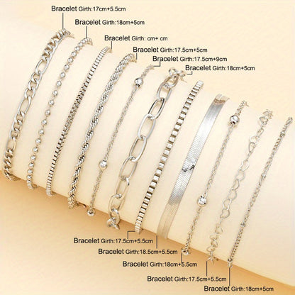 11 Pcs Women's Boho Silver Plated Twisted Snake Chain Bracelet Set – Stackable Layered Bracelets for Women, Minimalist Vacation & Daily Wear Jewelry, Perfect Gift Set