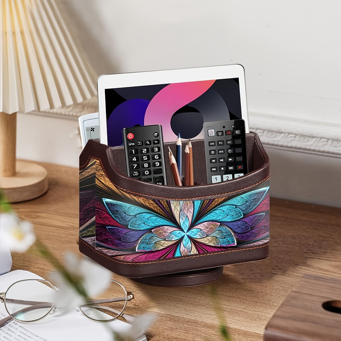 360° Swivel Remote Control Holder – 5-Compartment PU Leather Desk Organizer for TV Remotes, Phones, Eyeglasses, Pens & Office Accessories, Rotating Desktop Storage Caddy