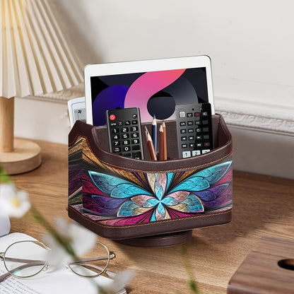 360° Swivel Remote Control Holder – 5-Compartment PU Leather Desk Organizer for TV Remotes, Phones, Eyeglasses, Pens & Office Accessories, Rotating Desktop Storage Caddy