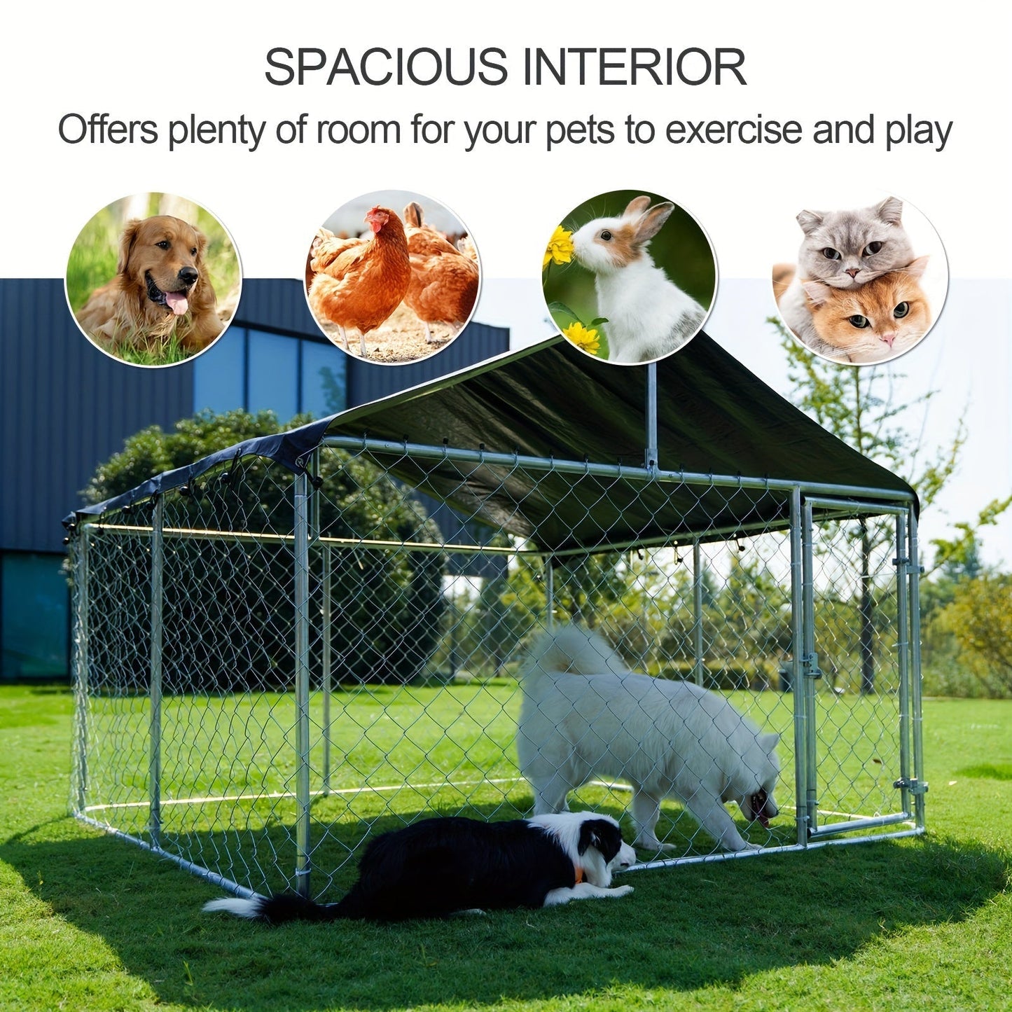 Heavy Duty Outdoor Dog Kennel Enclosure – Galvanized Steel Mesh Cage with Rain & UV-Proof Roof, Secure Lock, Ground Nails, 3 Sizes Available