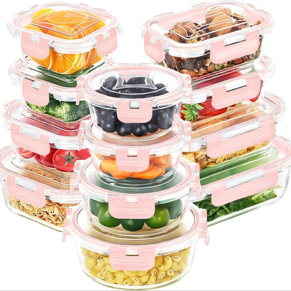 12-Piece Glass Food Storage Containers with Lids – Airtight Leak-Proof Meal Prep Containers, Microwave Oven Freezer Dishwasher Safe Glass Bento Lunch Boxes for Kitchen & Pantry Organization