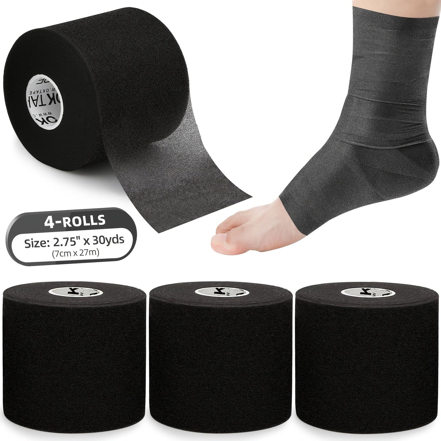 Pre Wrap Tape 4-Rolls Athletic Foam Underwrap for Sports - Protect Ankles Wrists Hands Knees, 2.75 Inch x 30 Yards Each Roll, OK TAPE Sports Underwrap