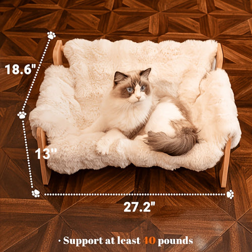 Elevated Pet Sofa Bed Solid Wood Dog Cat Lounge Chair with Bamboo Mat Modern Pet Furniture for Small Medium Dogs Cats Sturdy Stylish Gray White