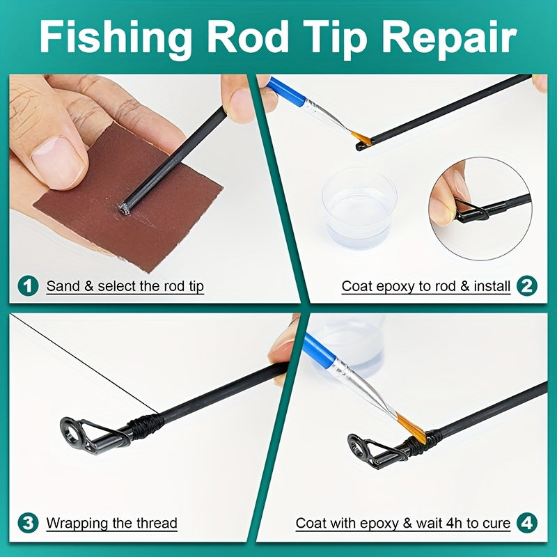Fishing Rod Repair Kit Complete Set – Tip Top Rings, Rod Guides, AB Epoxy Glue, Winding Thread & Textured Paper, Full Replacement Supplies for Broken Rods