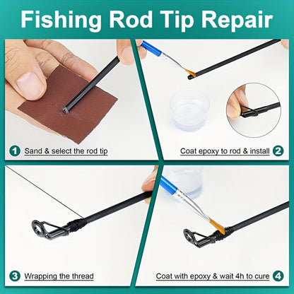 Fishing Rod Repair Kit Complete Set – Tip Top Rings, Rod Guides, AB Epoxy Glue, Winding Thread & Textured Paper, Full Replacement Supplies for Broken Rods