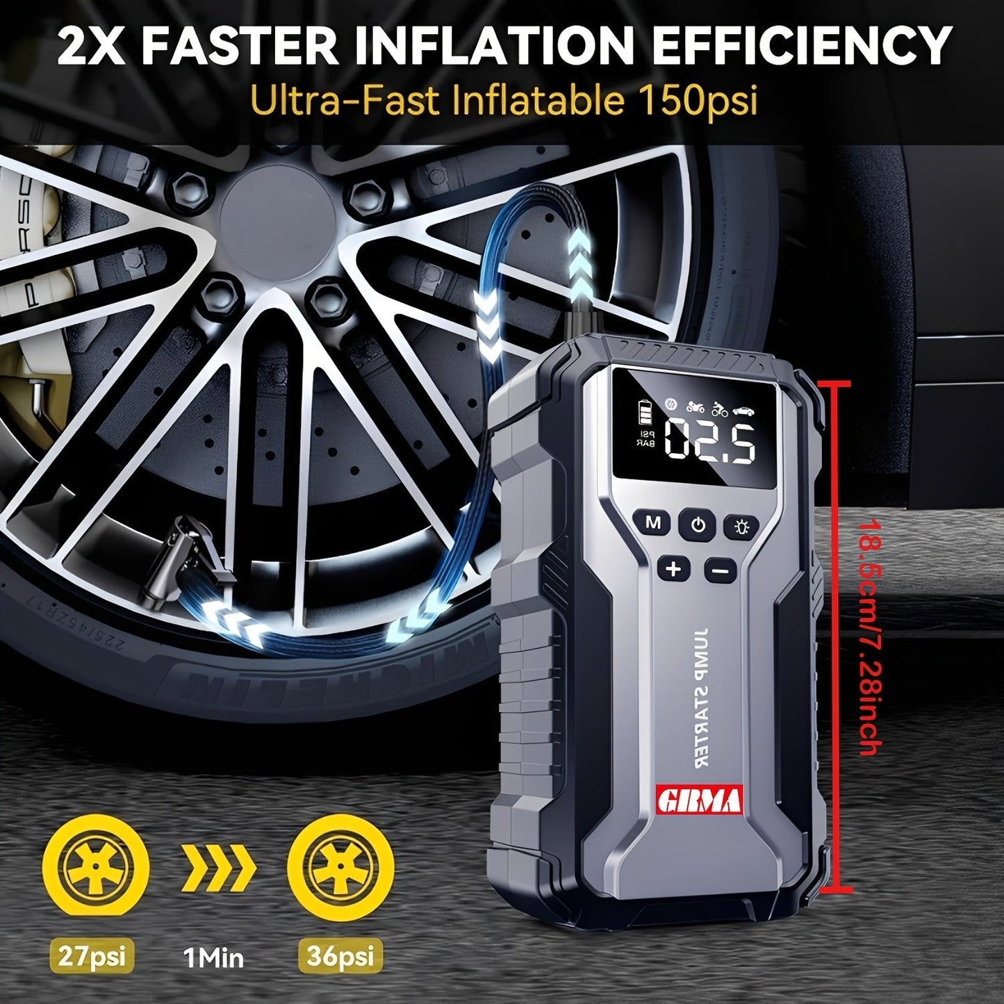 Portable Car Jump Starter 7-in-1 with 150PSI Air Compressor Digital Display Emergency Power Bank for Gas & Diesel Engines - Car Battery Booster Pack with Air Pump
