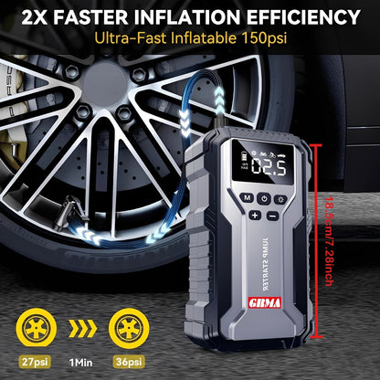 Portable Car Jump Starter 7-in-1 with 150PSI Air Compressor Digital Display Emergency Power Bank for Gas & Diesel Engines - Car Battery Booster Pack with Air Pump