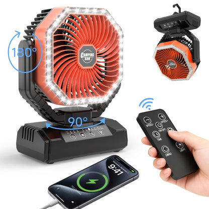 20000mAh Camping Fan with LED Light & Remote Control – 4-Speed Brushless Motor, 180° Oscillating Portable Outdoor Fan, 22-26 Hour Battery Life, 40 LEDs, Timer – for Camping, Hiking, Tent, Emergency & Home Use