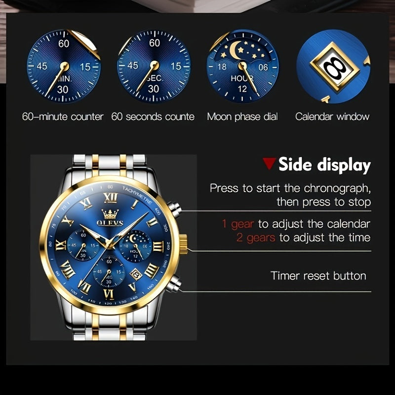 OLEVS Men's Luxury Stainless Steel Watch – Chronograph, Roman Numerals, Moon Phase Display, Luminous Analog Quartz Dress Watch for Men, 8 Color Options, Perfect Business & Gift Watch