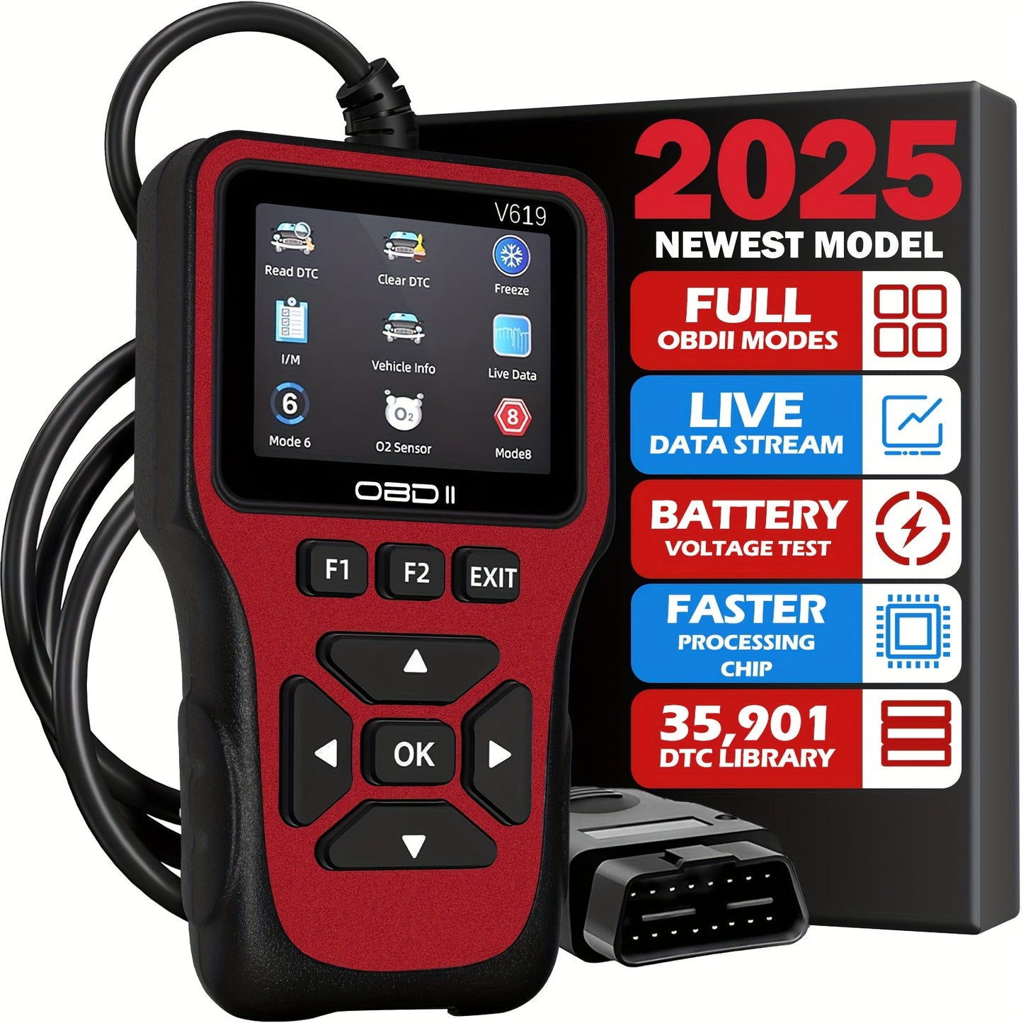 Professional OBD2 Scanner with 35,901 DTC Library – Check Engine Code Reader, Mode 6 & Mode 8, I/M Readiness, Live Data, O2 Sensor Test, VIN Retrieval, 10 Languages, Compatible with All OBDII Cars Since 1996