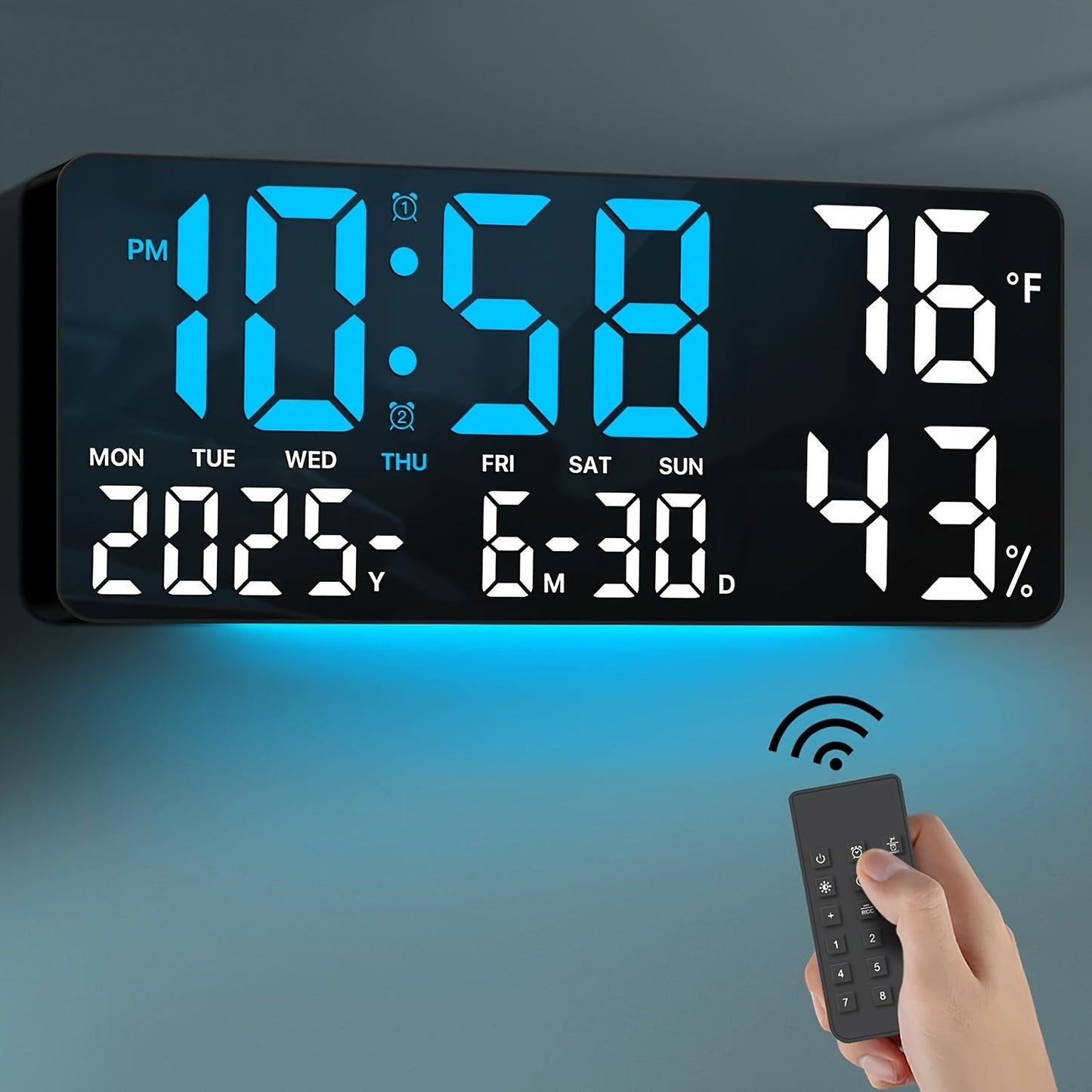 Large Screen LED Alarm Clock 15 Inch Auto-Dimming with Remote Control | Digital Clock Time Date Week Temperature Humidity Timer | Bedroom Bedside Senior-Friendly Living Room Office Desk