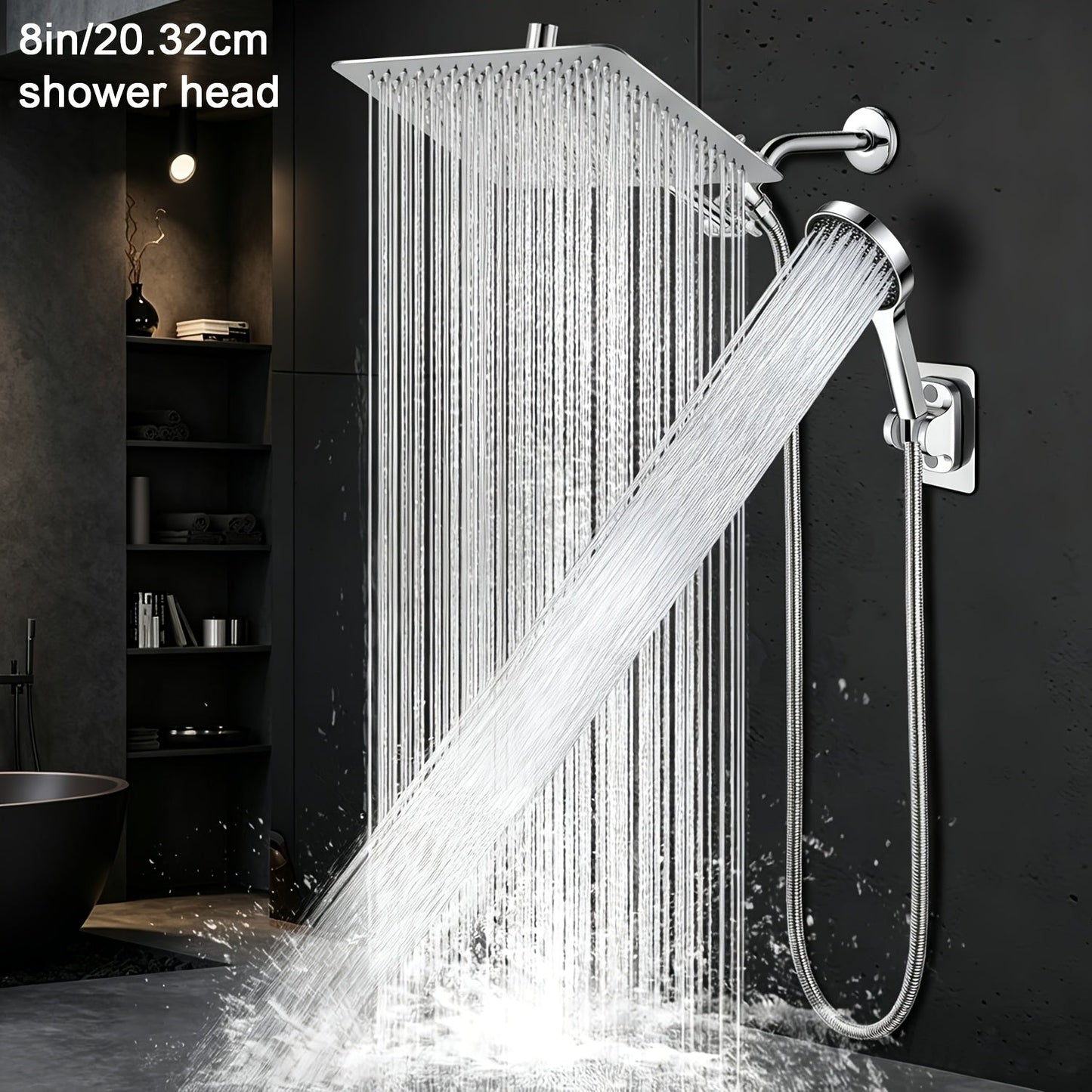 High Pressure Rainfall Handheld Shower Head Combo 11-Inch Extension Arm 9 Settings Anti-Leak Height Adjustable Chrome Matte Black