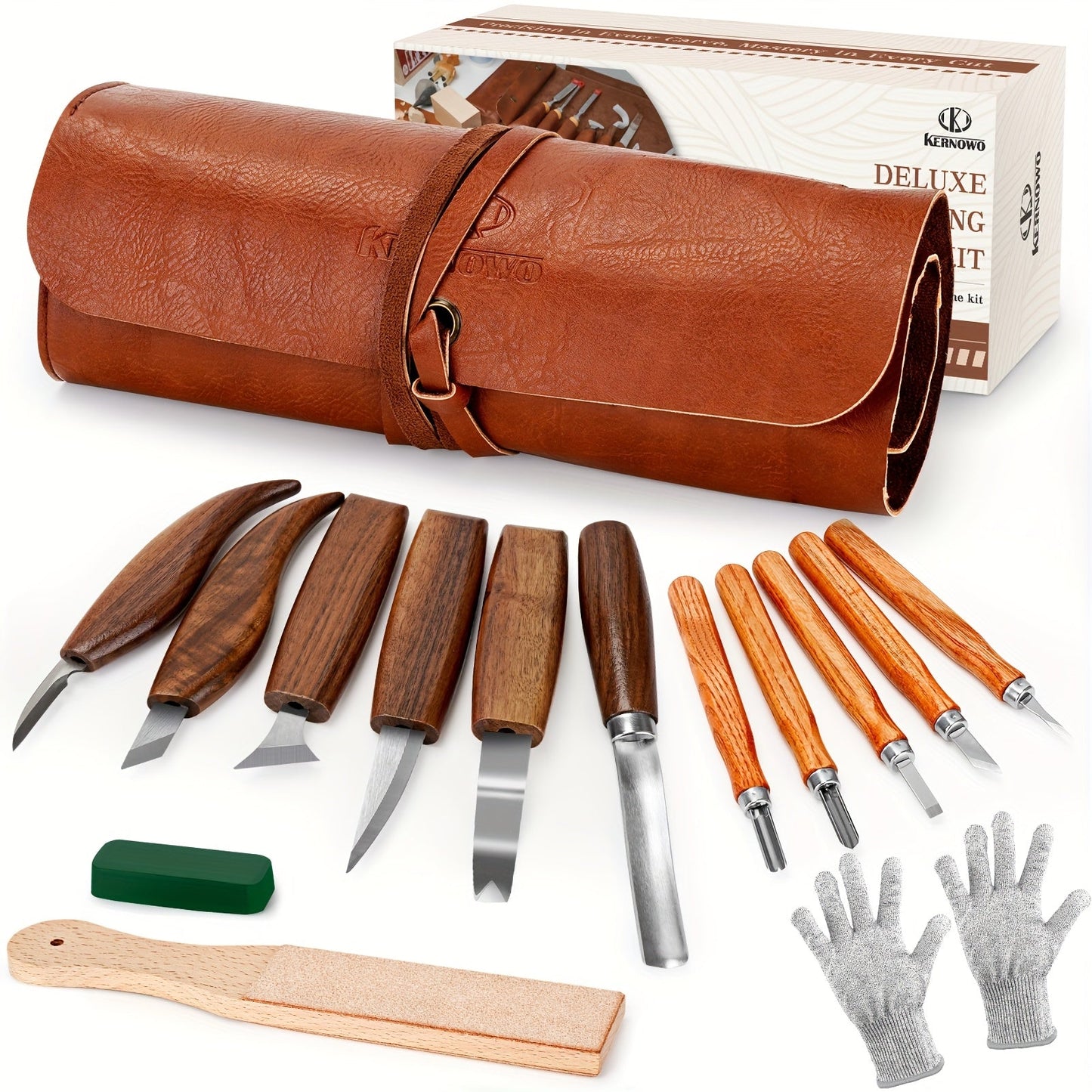 Wood Carving Knife Set PU Case 15-23 Piece Whittling Kit Chisel Hook Detail Geometric Knife Safety Gloves Leather Strop Basswood Block Art Craft Gift