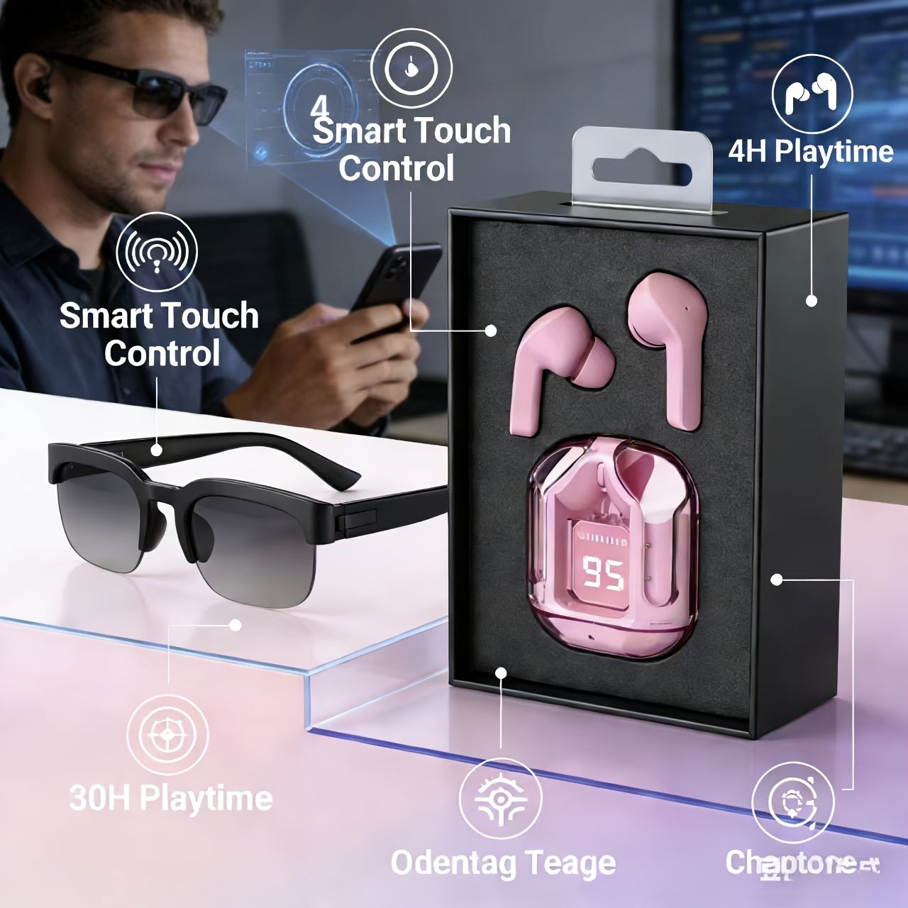 AI Translation Smart Glasses with Wireless Headphones Real-Time Multi-Language Translator Built-in Microphone Music Audio Glasses Rechargeable Sports Wearable Tech for Travel Business