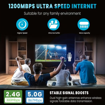 WiFi 6 Range Extender 1200Mbps Dual Band 2.4GHz 5GHz Mesh Network Booster 6 Antenna High Speed Signal Amplifier One-Click Setup Full Home Coverage for Smart TV Gaming Console Smartphone Tablet