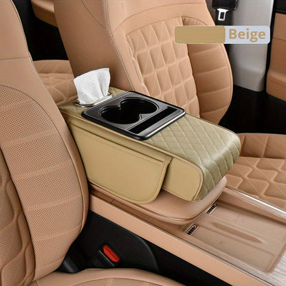 PU Leather Car Center Console Mat & Armrest Box Cover | Universal Fit, 2 Side Pockets, 2 Cup Holders, Phone & Card Storage, Tissue Box Replacement – Black, Grey, Red, Beige, Brown, Cream