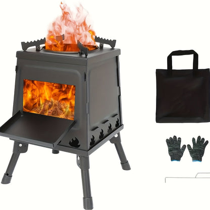 Portable Wood Burning Camp Stove with BBQ Scissors - Lightweight Outdoor Hiking Cookstove & Picnic Grill Set for Travel Camping