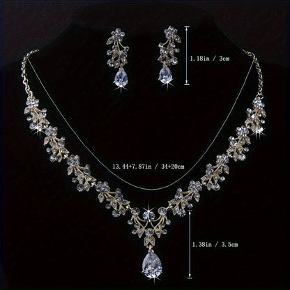 Bridal Rhinestone Necklace & Earring Set for Bride – Silver & Gold Plated Zinc Alloy with Glass Inlay, Elegant Wedding Jewelry for Brides, Bridesmaids, Banquets & Formal Parties