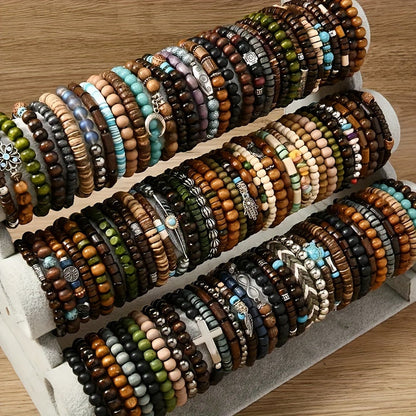 72pcs Boho Wooden Bead Bracelet Set for Women Men – Stackable Stretch Handcrafted Couples Bracelets Assortment Vintage Style Boho Jewelry Gift for Him and Her