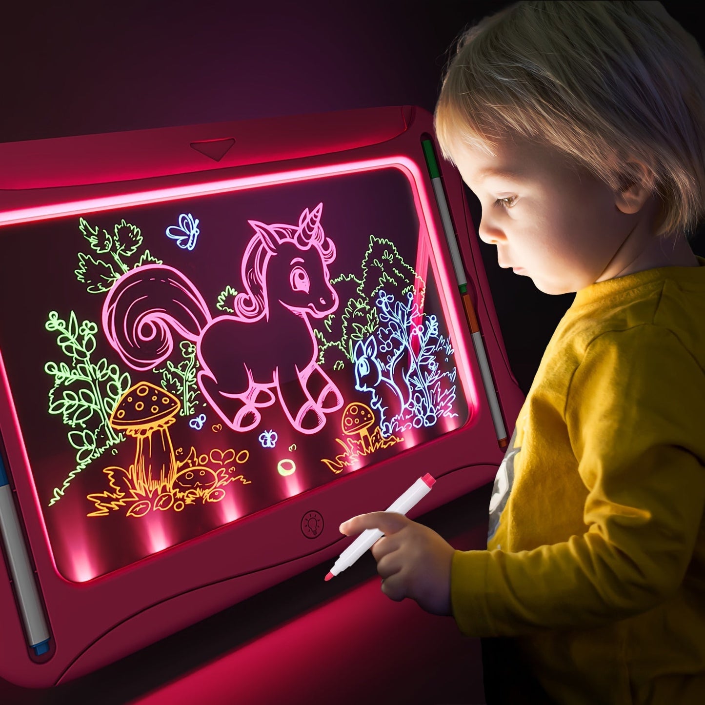 LED Light-Up Drawing Doodle Board for Kids Ages 3-8 – Glow Writing Art Set with 9 Double-Sided Cards & 6 Markers, Educational Learning Travel Toy, Birthday & Christmas Gift for Girls Boys