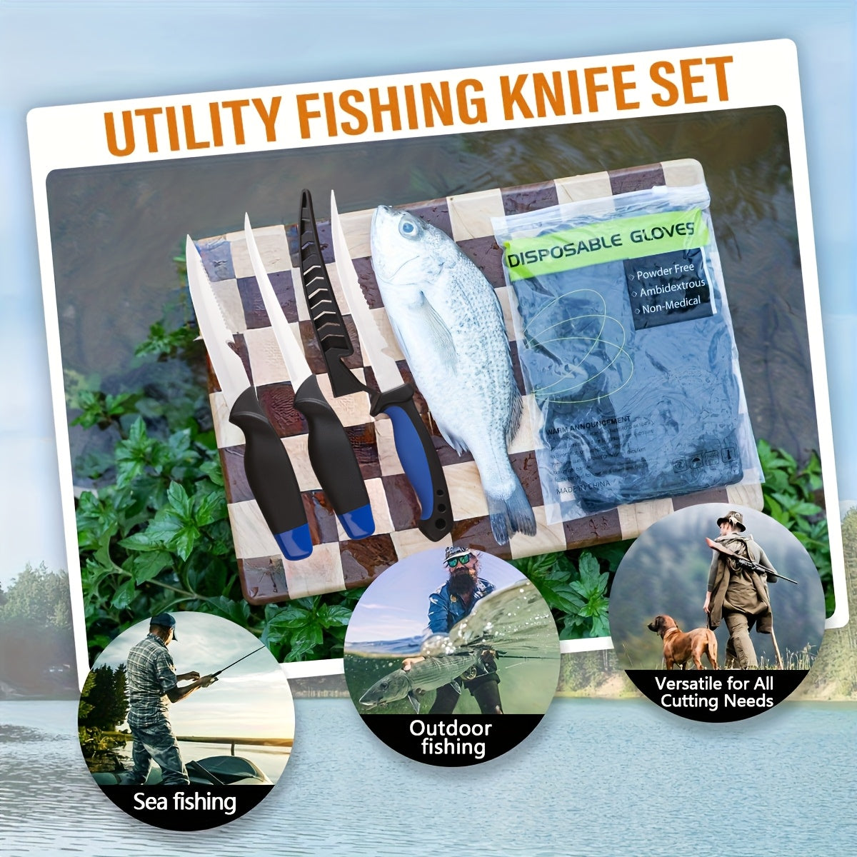 3 Piece Fishing Knife Set with Stainless Steel Blades, Fish Fillet Boning Gutting Knives with Cut Resistant Gloves, Fishing Line Cutter & Cord – Unique Fishing Gift for Anglers & Campers