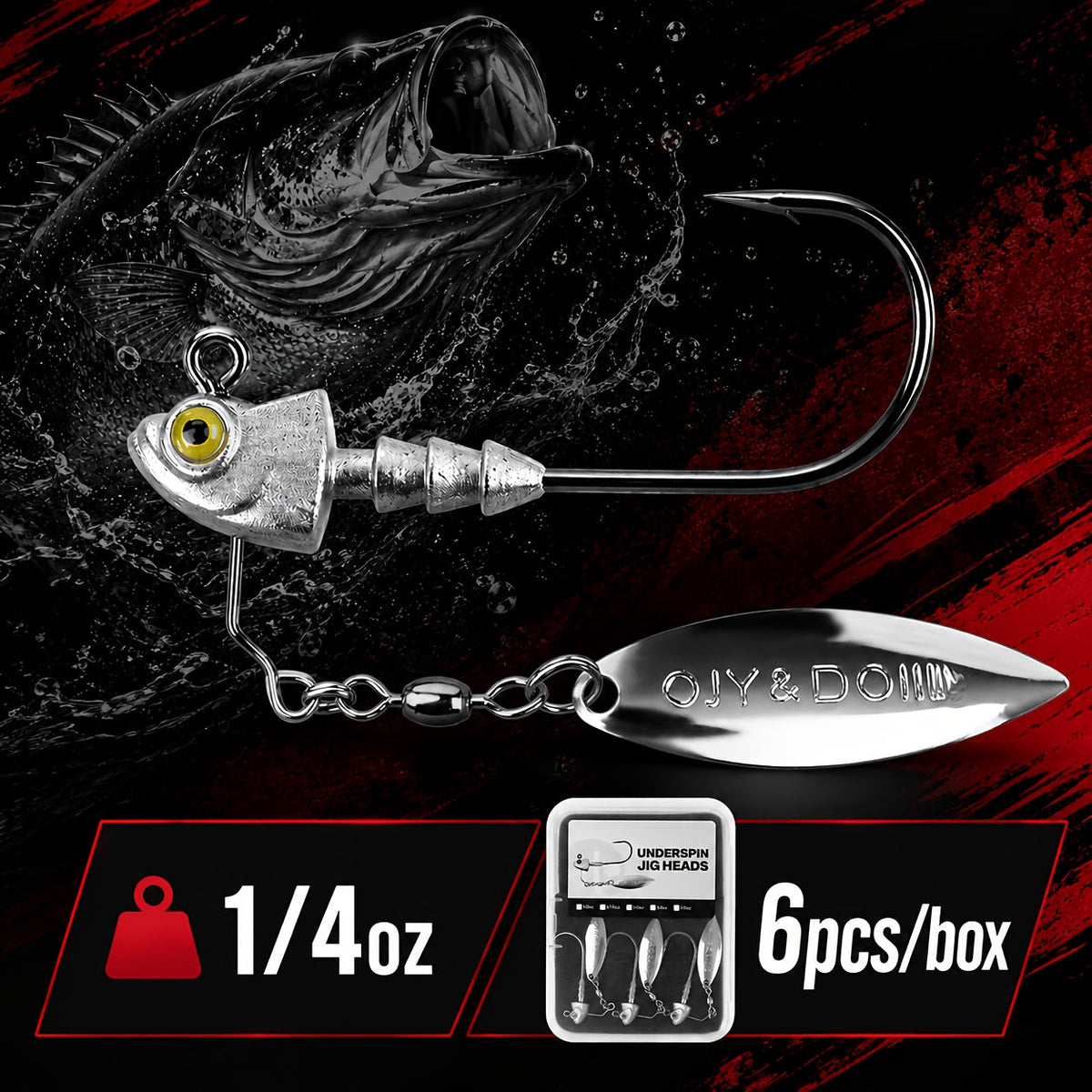 Underspin Jig Heads 6-Pack with 100% Brass Blade (Never Rust) - Bass & Saltwater Fishing Lures - 3/16oz 1/4oz 3/8oz 1/2oz Sizes Included