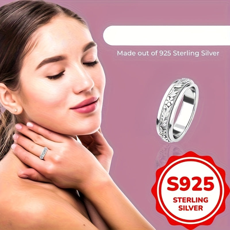 925 Sterling Silver Vintage Carved Leaf & Flower Wide Ring for Women – Elegant Boho Nature-Inspired Statement Band, Hypoallergenic Silver Jewelry Sizes 6-10 for Daily Wear Vacation Summer Gift