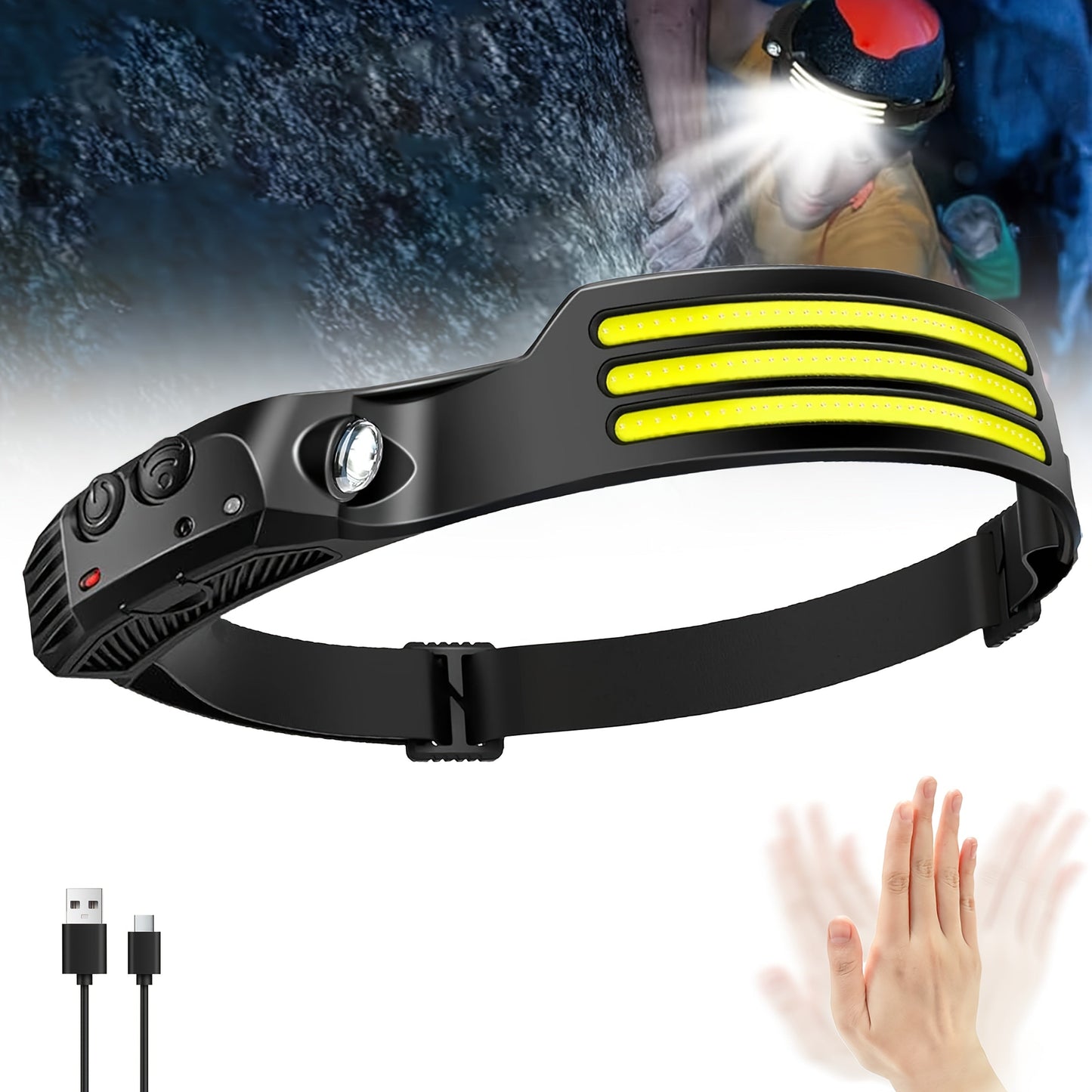 Motion Sensor LED Headlamp USB Rechargeable IP54 Waterproof – Super Bright 5-Mode Head Lamp for Camping Hiking Running Fishing Outdoor Activities