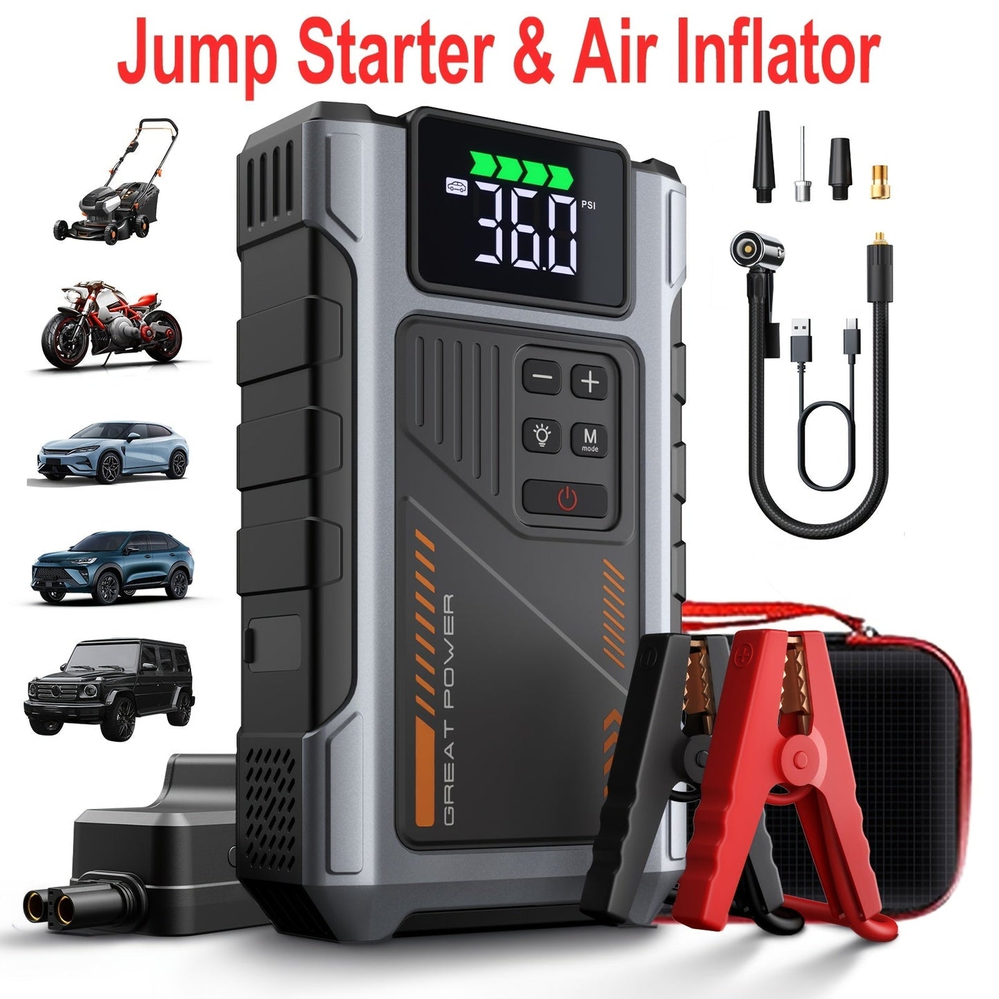 9-in-1 Portable Jump Starter with Air Compressor for 12V Car Up to 8.0L Gas 6.5L Diesel – Battery Booster Pack with Tire Inflator, USB Power Bank, LED Emergency Light & Roadside Kit
