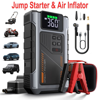 9-in-1 Portable Jump Starter with Air Compressor for 12V Car Up to 8.0L Gas 6.5L Diesel – Battery Booster Pack with Tire Inflator, USB Power Bank, LED Emergency Light & Roadside Kit