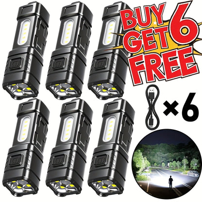 Mini Rechargeable LED Flashlight 3 or 6 Pack, 2000 Lumens COB 4 Modes USB-C Charging, Compact Handheld Flashlight with Back Clip & Built-In Battery for Camping Hiking Hunting Emergency