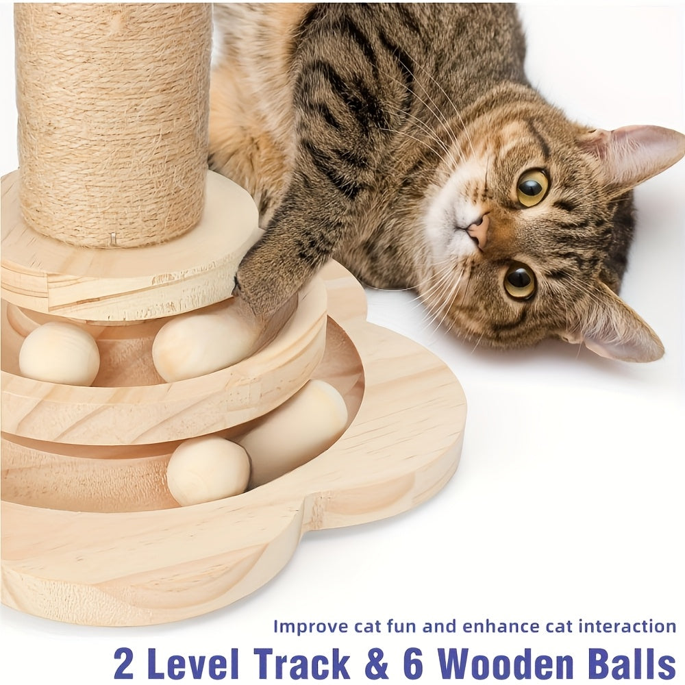 5-in-1 Wooden Cat Scratching Post Toy for Indoor Cats Tall Sisal Post 2-Level Track Ball Interactive Feather Toy Hanging Balls Cat Furniture for Kittens Adults