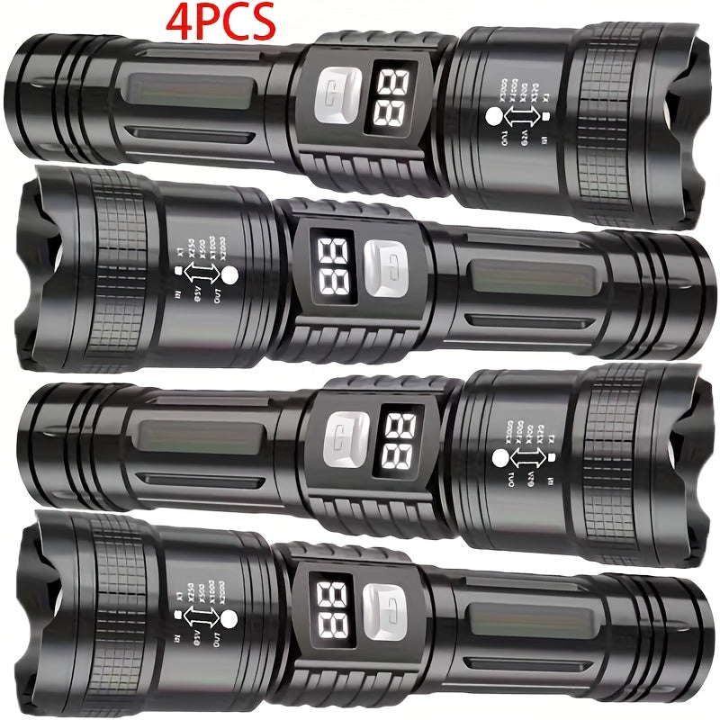Rechargeable LED Flashlight 4-Pack - Super Bright Zoomable Spotlight, USB Charging, Long Range Tactical Work Light for Camping, Hiking, Emergency & Outdoor Survival, High-Power LED Torch Set