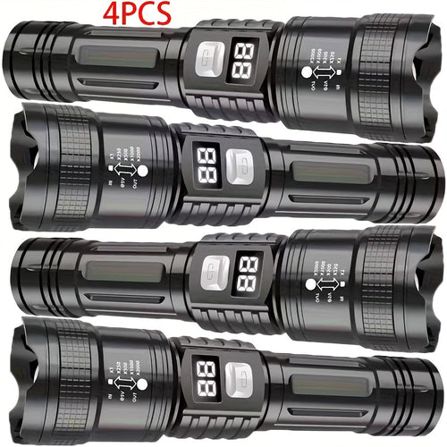Rechargeable LED Flashlight 4-Pack - Super Bright Zoomable Spotlight, USB Charging, Long Range Tactical Work Light for Camping, Hiking, Emergency & Outdoor Survival, High-Power LED Torch Set