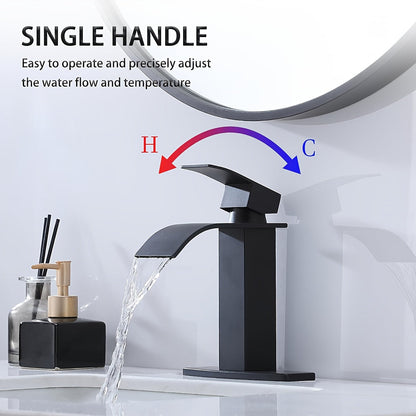 Waterfall Bathroom Sink Faucet Single Handle Hot & Cold - Universal 1 or 3 Hole Countertop Mount, RV Vanity Faucet with Water Supply Hose, Modern Design in Black, Black Gold & Silver