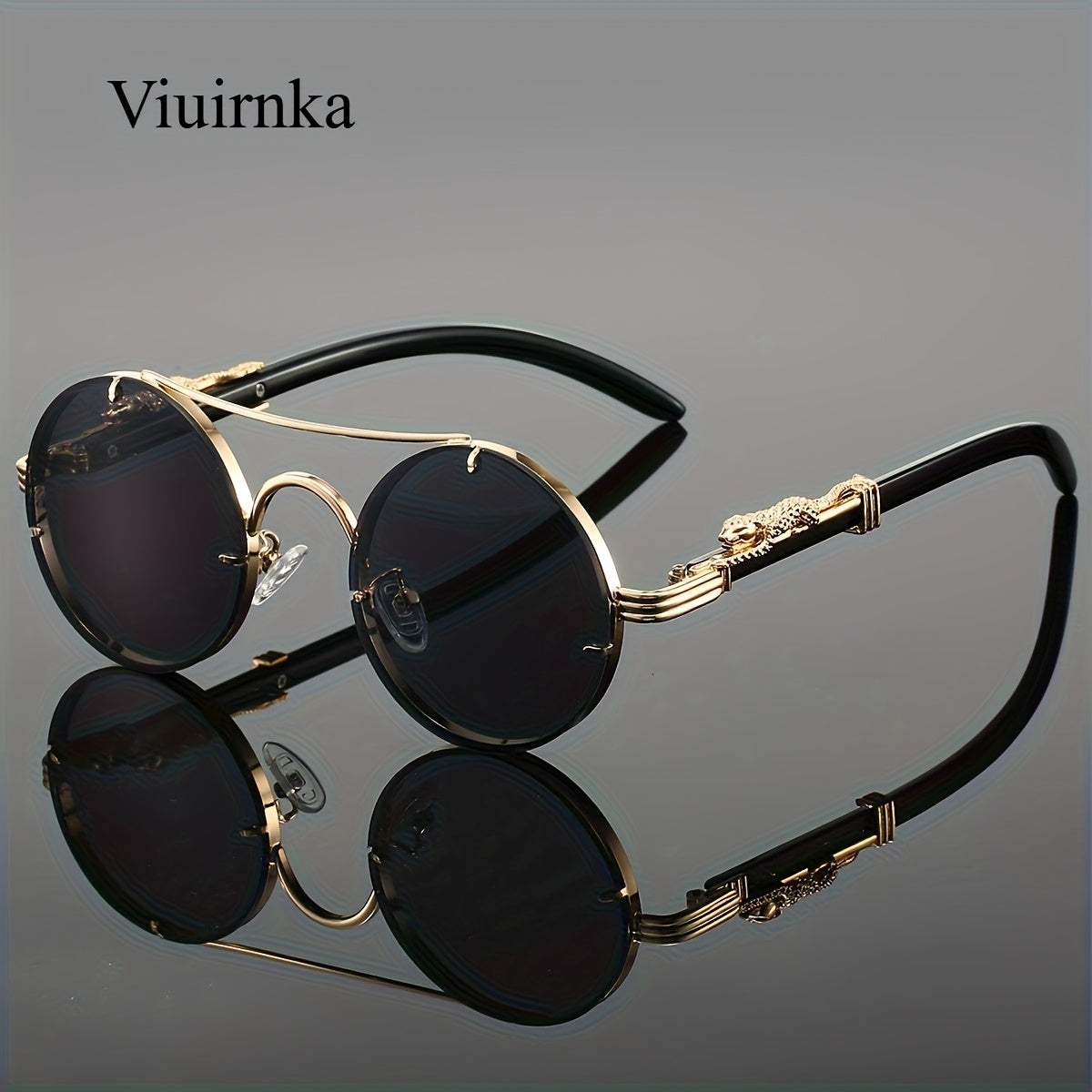 Round Metal Frame Gradient Sunglasses for Men & Women – Luxury Double Bridge, Leopard Detail Hinges, Gradient PC Lenses, Includes Case, Chic Vacation & Street Style Eyewear
