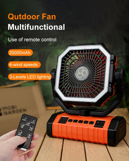 20000mAh Portable Camping Fan with LED Light – USB Rechargeable Outdoor Tent Fan for Hiking, Fishing & Camping – Durable Compact Design with Handle, Green & Orange