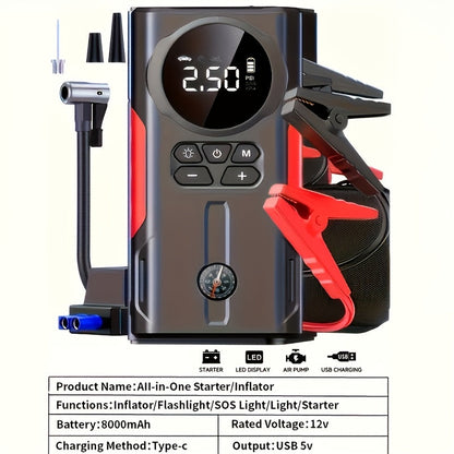 7-in-1 Portable Car Jump Starter 10000mAh – Multi-Functional Emergency Battery Booster with LED Emergency Light for Gas (2.64 Gal) & Diesel (2.38 Gal) Engines, Car Emergency Tool Kit